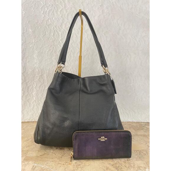 Bundle Coach Phoebe black leather hobo shoulder bag and wallet - Picture 1 of 10